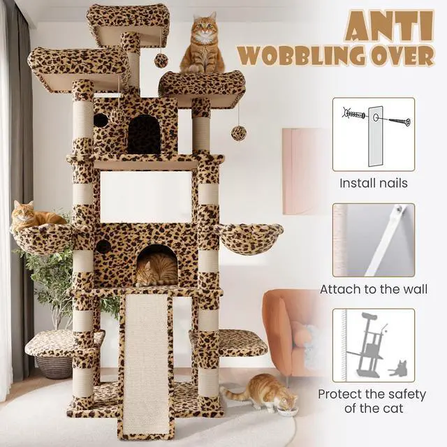 Alt view image 6 of 7 - 81 Inches Extra Large Cat Tree for Indoor Adult Cats/XXL Big Cat Tower with Condo/Cozy Perches/Sisal Scratching Posts and Hammocks/Activity Center/F80/Heavy Duty/Leopard Print