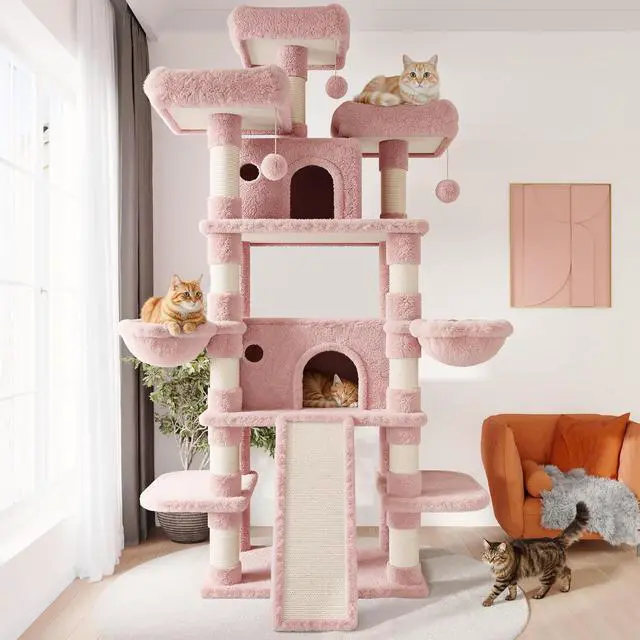 Alt view image 2 of 7 - 81 Inches Extra Large Cat Tree for Indoor Adult Cats/XXL Big Cat Tower with Condo/Cozy Perches/Sisal Scratching Posts and Hammocks/Activity Center/F80/Heavy Duty/Pink