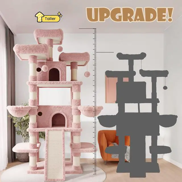 Alt view image 3 of 7 - 81 Inches Extra Large Cat Tree for Indoor Adult Cats/XXL Big Cat Tower with Condo/Cozy Perches/Sisal Scratching Posts and Hammocks/Activity Center/F80/Heavy Duty/Pink