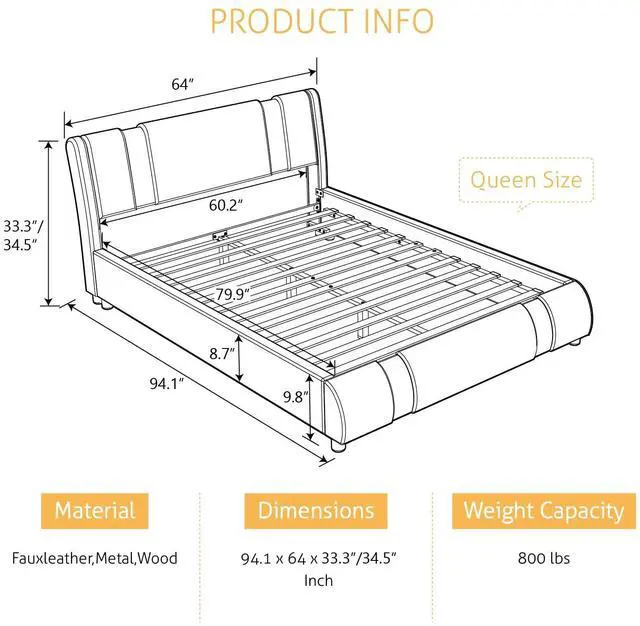 Alt view image 2 of 6 - Queen Platform Bed Frame with Iron Pieces Decor and Adjustable Headboard/Deluxe Upholstered Modern Bed with Solid Wooden Slats Support/No Box Spring Needed, White with Black Sides