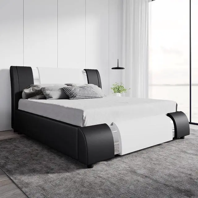 Main image of Queen Platform Bed Frame with Iron Pieces Decor and Adjustable Headboard/Deluxe Upholstered Modern Bed with Solid Wooden Slats Support/No Box Spring Needed, White with Black Sides