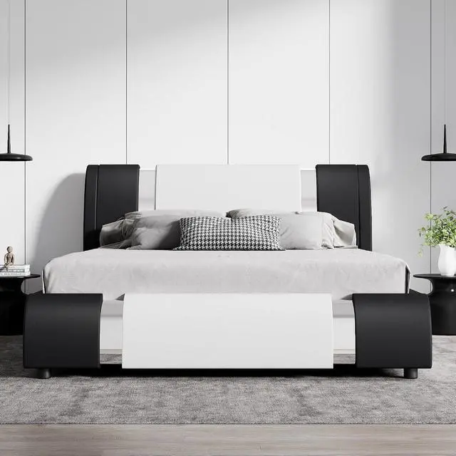 Alt view image 3 of 6 - Queen Platform Bed Frame with Iron Pieces Decor and Adjustable Headboard/Deluxe Upholstered Modern Bed with Solid Wooden Slats Support/No Box Spring Needed, White with Black Sides