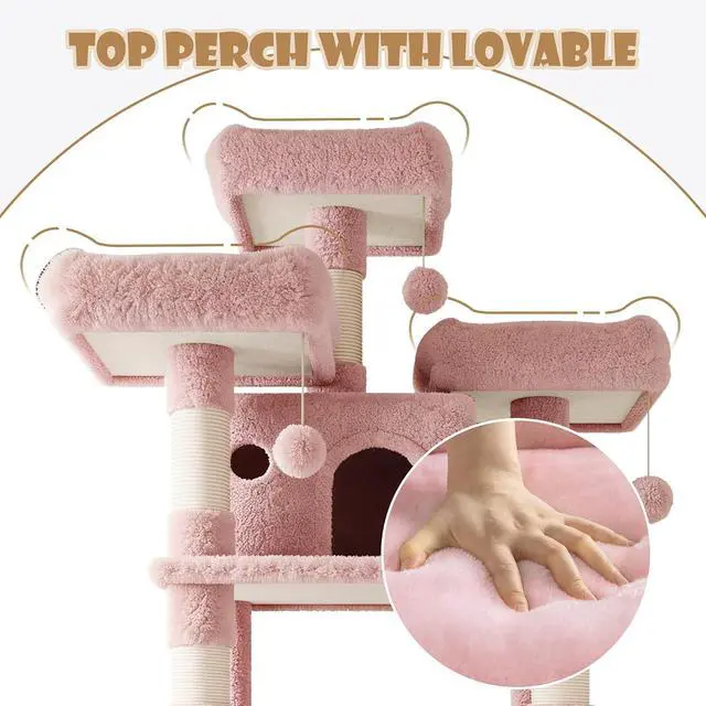 Alt view image 4 of 7 - 81 Inches Extra Large Cat Tree for Indoor Adult Cats/XXL Big Cat Tower with Condo/Cozy Perches/Sisal Scratching Posts and Hammocks/Activity Center/F80/Heavy Duty/Pink