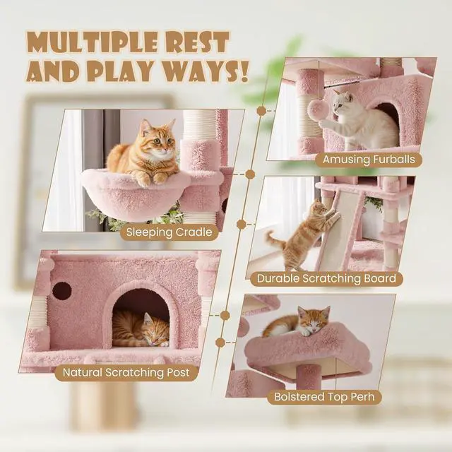 Alt view image 5 of 7 - 81 Inches Extra Large Cat Tree for Indoor Adult Cats/XXL Big Cat Tower with Condo/Cozy Perches/Sisal Scratching Posts and Hammocks/Activity Center/F80/Heavy Duty/Pink