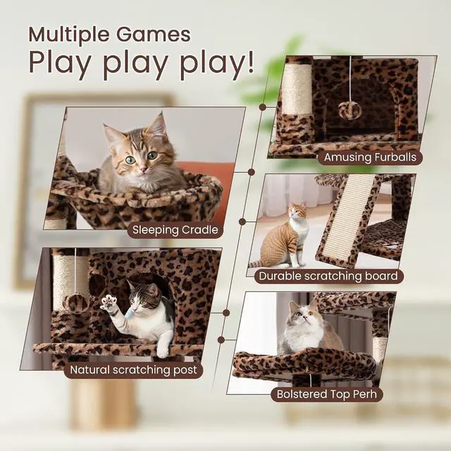 Alt view image 3 of 7 - 68 Inches Multi-Level Large Cat Tree for Large Kitties/Big Cat Tower with Condo/Cozy Plush Pussycat Perches/Sisal Scratching Posts and Hammocks/Activity Center/Leopard Print