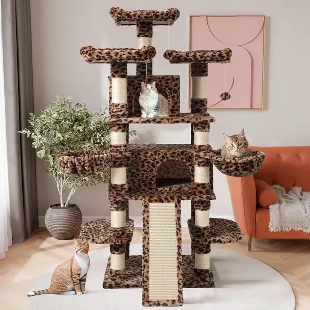 Alt view image 2 of 7 - 68 Inches Multi-Level Large Cat Tree for Large Kitties/Big Cat Tower with Condo/Cozy Plush Pussycat Perches/Sisal Scratching Posts and Hammocks/Activity Center/Leopard Print