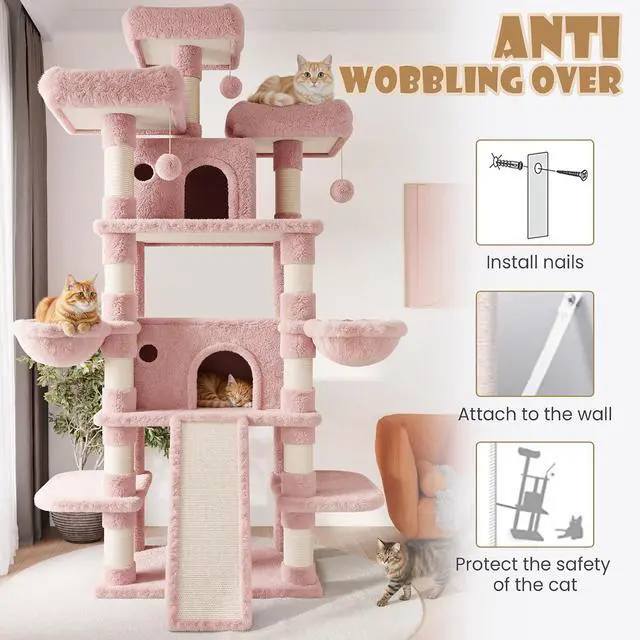 Alt view image 6 of 7 - 81 Inches Extra Large Cat Tree for Indoor Adult Cats/XXL Big Cat Tower with Condo/Cozy Perches/Sisal Scratching Posts and Hammocks/Activity Center/F80/Heavy Duty/Pink
