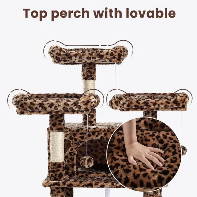 Alt view image 4 of 7 - 68 Inches Multi-Level Large Cat Tree for Large Kitties/Big Cat Tower with Condo/Cozy Plush Pussycat Perches/Sisal Scratching Posts and Hammocks/Activity Center/Leopard Print