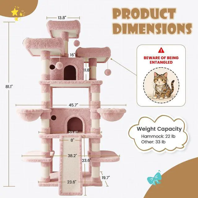 Alt view image 7 of 7 - 81 Inches Extra Large Cat Tree for Indoor Adult Cats/XXL Big Cat Tower with Condo/Cozy Perches/Sisal Scratching Posts and Hammocks/Activity Center/F80/Heavy Duty/Pink