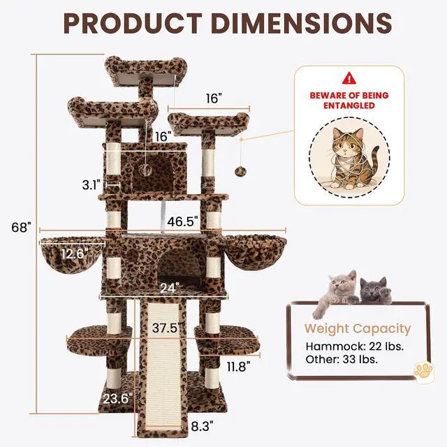 Alt view image 6 of 7 - 68 Inches Multi-Level Large Cat Tree for Large Kitties/Big Cat Tower with Condo/Cozy Plush Pussycat Perches/Sisal Scratching Posts and Hammocks/Activity Center/Leopard Print