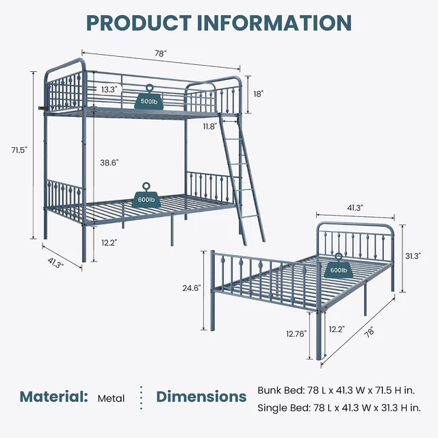 Alt view image 2 of 7 - Convertible Twin Over Twin Bunk Bed, CPC Certified,Gray | Victorian Iron-Art Headboard and Footboard,Space-Saving Metal Bunk Bed with Guardrail & Ladder,No Box Spring Needed