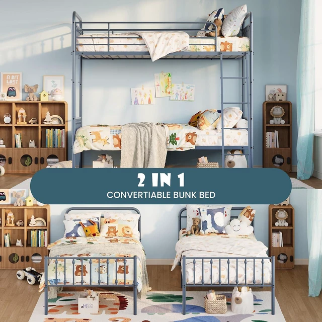 Alt view image 4 of 7 - Convertible Twin Over Twin Bunk Bed, CPC Certified,Gray | Victorian Iron-Art Headboard and Footboard,Space-Saving Metal Bunk Bed with Guardrail & Ladder,No Box Spring Needed