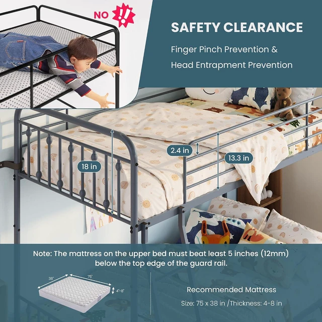 Alt view image 5 of 7 - Convertible Twin Over Twin Bunk Bed, CPC Certified,Gray | Victorian Iron-Art Headboard and Footboard,Space-Saving Metal Bunk Bed with Guardrail & Ladder,No Box Spring Needed