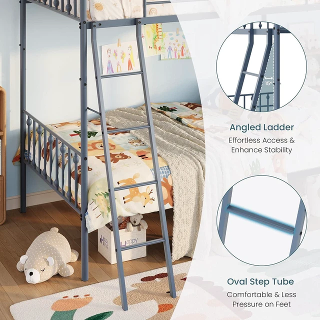 Alt view image 6 of 7 - Convertible Twin Over Twin Bunk Bed, CPC Certified,Gray | Victorian Iron-Art Headboard and Footboard,Space-Saving Metal Bunk Bed with Guardrail & Ladder,No Box Spring Needed