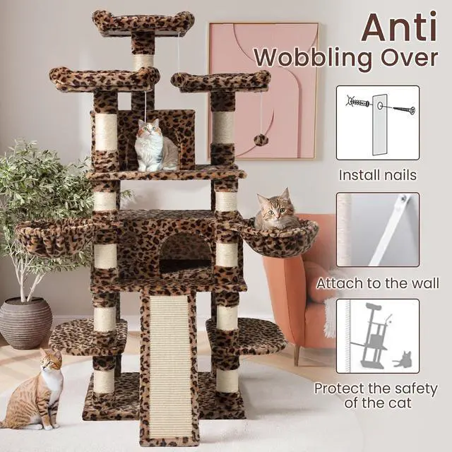 Alt view image 7 of 7 - 68 Inches Multi-Level Large Cat Tree for Large Kitties/Big Cat Tower with Condo/Cozy Plush Pussycat Perches/Sisal Scratching Posts and Hammocks/Activity Center/Leopard Print