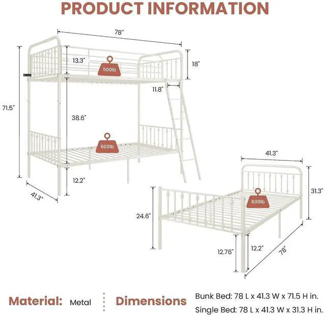 Alt view image 2 of 7 - Convertible Twin Over Twin Bunk Bed, CPC Certified,White | Victorian Iron-Art Headboard and Footboard,Space-Saving Metal Bunk Bed with Guardrail & Ladder,No Box Spring Needed