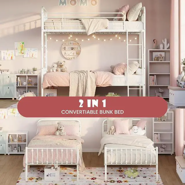 Alt view image 4 of 7 - Convertible Twin Over Twin Bunk Bed, CPC Certified,White | Victorian Iron-Art Headboard and Footboard,Space-Saving Metal Bunk Bed with Guardrail & Ladder,No Box Spring Needed