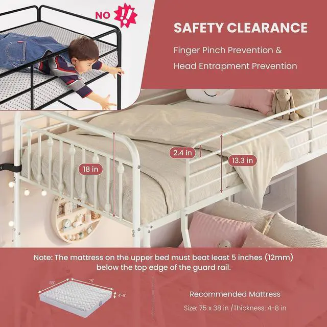 Alt view image 5 of 7 - Convertible Twin Over Twin Bunk Bed, CPC Certified,White | Victorian Iron-Art Headboard and Footboard,Space-Saving Metal Bunk Bed with Guardrail & Ladder,No Box Spring Needed