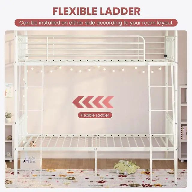 Alt view image 7 of 7 - Convertible Twin Over Twin Bunk Bed, CPC Certified,White | Victorian Iron-Art Headboard and Footboard,Space-Saving Metal Bunk Bed with Guardrail & Ladder,No Box Spring Needed