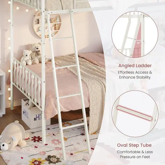 Alt view image 6 of 7 - Convertible Twin Over Twin Bunk Bed, CPC Certified,White | Victorian Iron-Art Headboard and Footboard,Space-Saving Metal Bunk Bed with Guardrail & Ladder,No Box Spring Needed