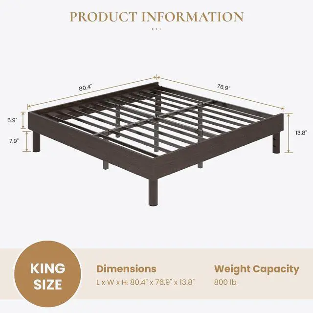 Alt view image 2 of 7 - King Size Bed Frame, Wood Platform Bed with Reinforced Metal Slats, 7.9 Inch Under-Bed Storage, No Box Spring Needed, Noise Free Design, Easy Assembly, Walnut