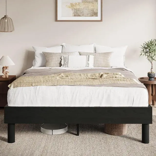 Main image of Queen Size Bed Frame, Wood Platform Bed with Reinforced Metal Slats, 7.9 Inch Under-Bed Storage, No Box Spring Needed, Noise Free Design, Easy Assembly, Black