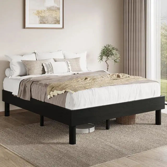Alt view image 3 of 7 - Queen Size Bed Frame, Wood Platform Bed with Reinforced Metal Slats, 7.9 Inch Under-Bed Storage, No Box Spring Needed, Noise Free Design, Easy Assembly, Black