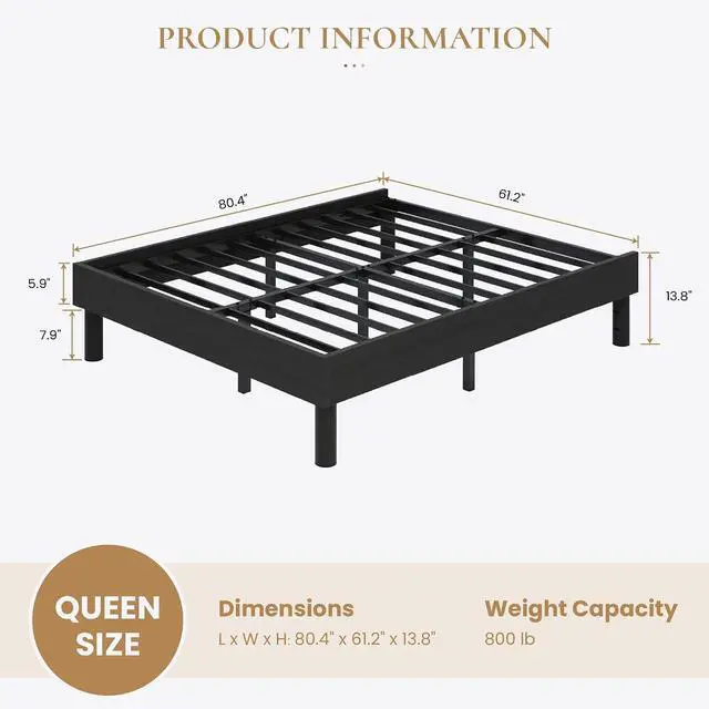 Alt view image 2 of 7 - Queen Size Bed Frame, Wood Platform Bed with Reinforced Metal Slats, 7.9 Inch Under-Bed Storage, No Box Spring Needed, Noise Free Design, Easy Assembly, Black