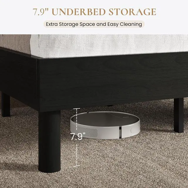 Alt view image 4 of 7 - Queen Size Bed Frame, Wood Platform Bed with Reinforced Metal Slats, 7.9 Inch Under-Bed Storage, No Box Spring Needed, Noise Free Design, Easy Assembly, Black