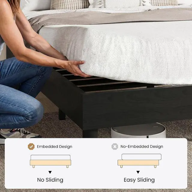 Alt view image 6 of 7 - Queen Size Bed Frame, Wood Platform Bed with Reinforced Metal Slats, 7.9 Inch Under-Bed Storage, No Box Spring Needed, Noise Free Design, Easy Assembly, Black