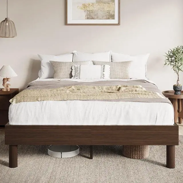 Main image of Full Size Bed Frame, Wood Platform Bed with Reinforced Metal Slats, 7.9 Inch Under-Bed Storage, No Box Spring Needed, Noise Free Design, Easy Assembly, Walnut