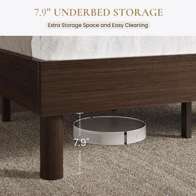 Alt view image 4 of 7 - Full Size Bed Frame, Wood Platform Bed with Reinforced Metal Slats, 7.9 Inch Under-Bed Storage, No Box Spring Needed, Noise Free Design, Easy Assembly, Walnut