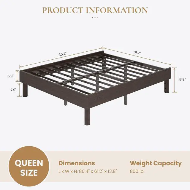 Alt view image 2 of 7 - Queen Size Bed Frame, Wood Platform Bed with Reinforced Metal Slats, 7.9 Inch Under-Bed Storage, No Box Spring Needed, Noise Free Design, Easy Assembly, Walnut