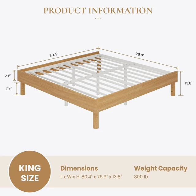Alt view image 2 of 7 - King Size Bed Frame, Wood Platform Bed with Reinforced Metal Slats, 7.9 Inch Under-Bed Storage, No Box Spring Needed, Noise Free Design, Easy Assembly, Natural