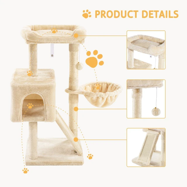 Alt view image 4 of 7 - Cat Tree 36 Inches Cat Tower with Hammock, Sisal Scratching Post for Indoor Kittens, Small Room, Beige