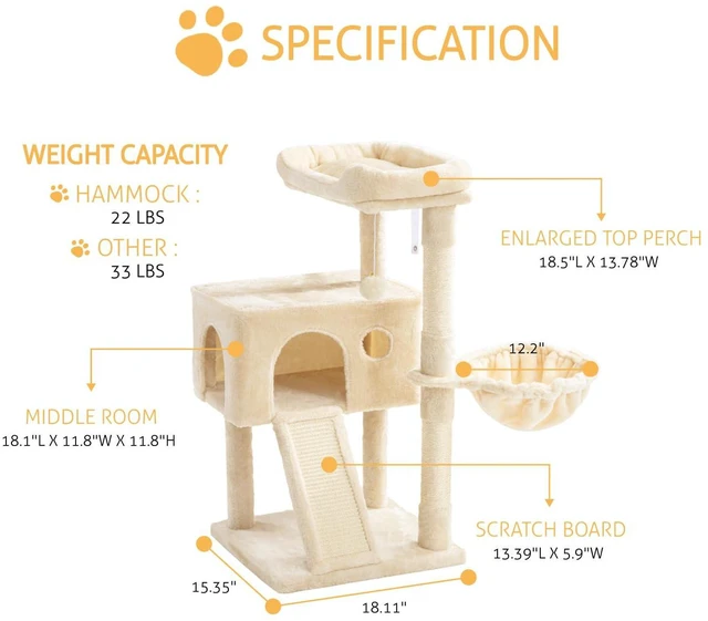Alt view image 3 of 7 - Cat Tree 36 Inches Cat Tower with Hammock, Sisal Scratching Post for Indoor Kittens, Small Room, Beige