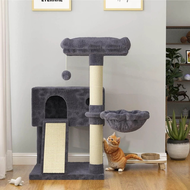 Alt view image 2 of 7 - Cat Tree 36 Inches Cat Tower with Hammock, Sisal Scratching Post for Indoor Kittens, Small Room, Smoky Grey