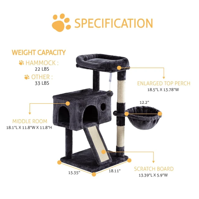 Alt view image 3 of 7 - Cat Tree 36 Inches Cat Tower with Hammock, Sisal Scratching Post for Indoor Kittens, Small Room, Smoky Grey