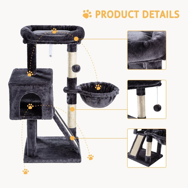 Alt view image 4 of 7 - Cat Tree 36 Inches Cat Tower with Hammock, Sisal Scratching Post for Indoor Kittens, Small Room, Smoky Grey
