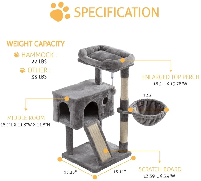 Alt view image 3 of 7 - Cat Tree 36 Inches Cat Tower with Hammock, Sisal Scratching Post for Indoor Kittens, Small Room, Grey