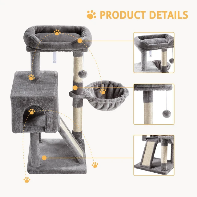 Alt view image 4 of 7 - Cat Tree 36 Inches Cat Tower with Hammock, Sisal Scratching Post for Indoor Kittens, Small Room, Grey