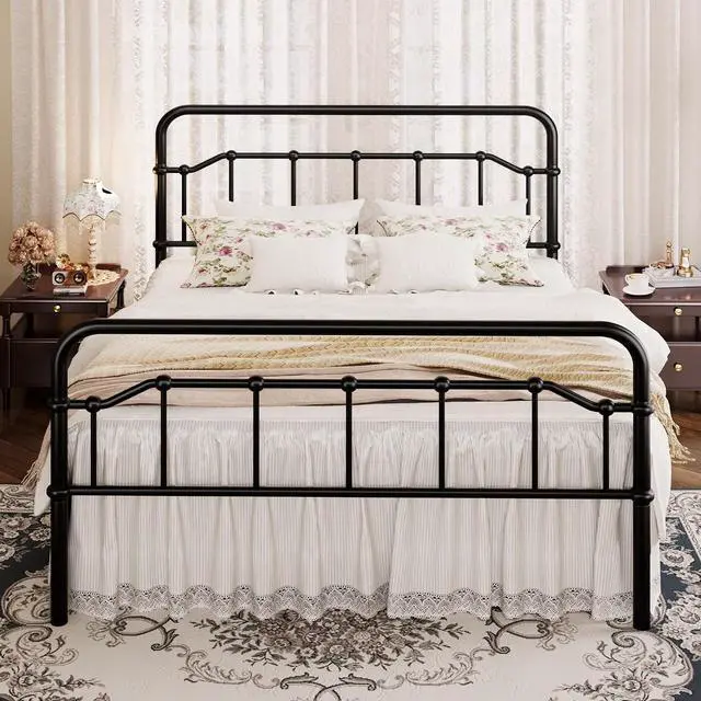 Main image of Queen Size Vintage Victorian Metal Platform Bed Frame, Curved Iron Art Headboard & Footboard, Under Bed Storage, No Box Spring Needed, Easy Assembly, Classic Black