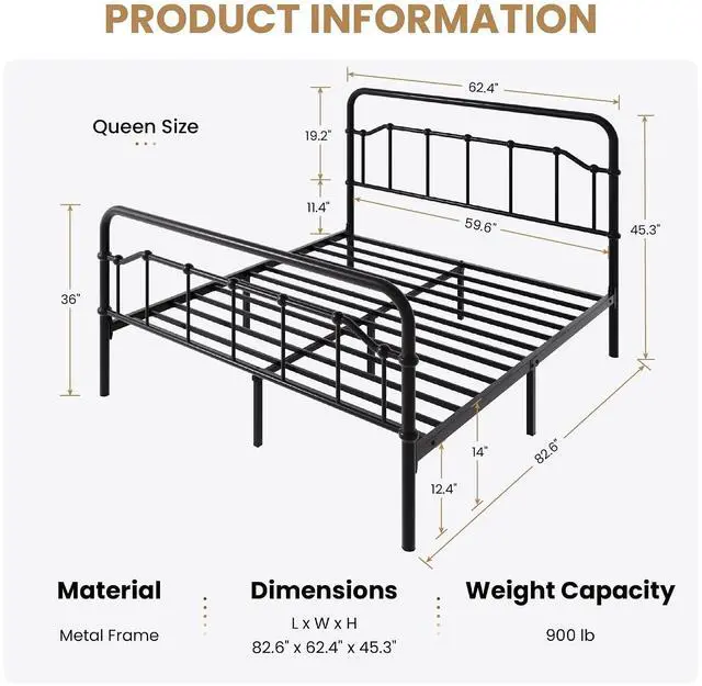 Alt view image 2 of 7 - Queen Size Vintage Victorian Metal Platform Bed Frame, Curved Iron Art Headboard & Footboard, Under Bed Storage, No Box Spring Needed, Easy Assembly, Classic Black