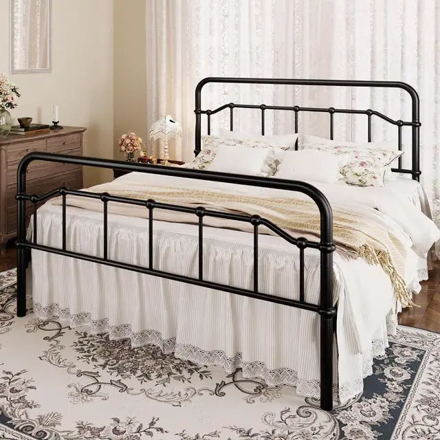 Alt view image 3 of 7 - Queen Size Vintage Victorian Metal Platform Bed Frame, Curved Iron Art Headboard & Footboard, Under Bed Storage, No Box Spring Needed, Easy Assembly, Classic Black
