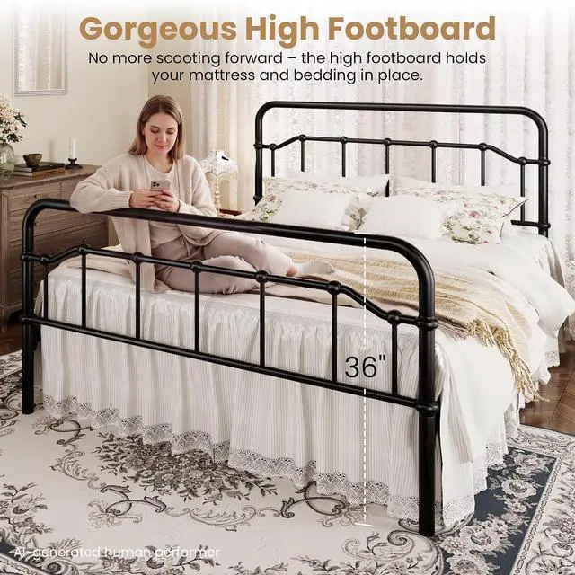 Alt view image 5 of 7 - Queen Size Vintage Victorian Metal Platform Bed Frame, Curved Iron Art Headboard & Footboard, Under Bed Storage, No Box Spring Needed, Easy Assembly, Classic Black