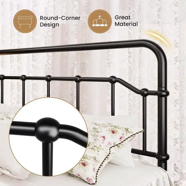 Alt view image 4 of 7 - Queen Size Vintage Victorian Metal Platform Bed Frame, Curved Iron Art Headboard & Footboard, Under Bed Storage, No Box Spring Needed, Easy Assembly, Classic Black