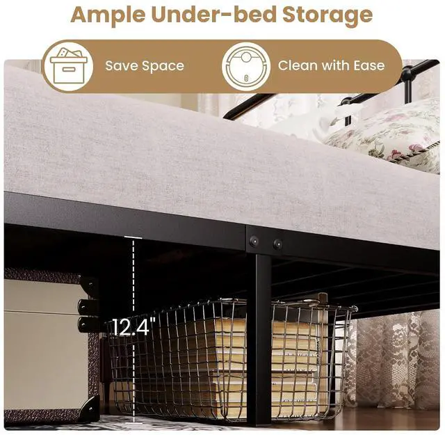 Alt view image 7 of 7 - Queen Size Vintage Victorian Metal Platform Bed Frame, Curved Iron Art Headboard & Footboard, Under Bed Storage, No Box Spring Needed, Easy Assembly, Classic Black