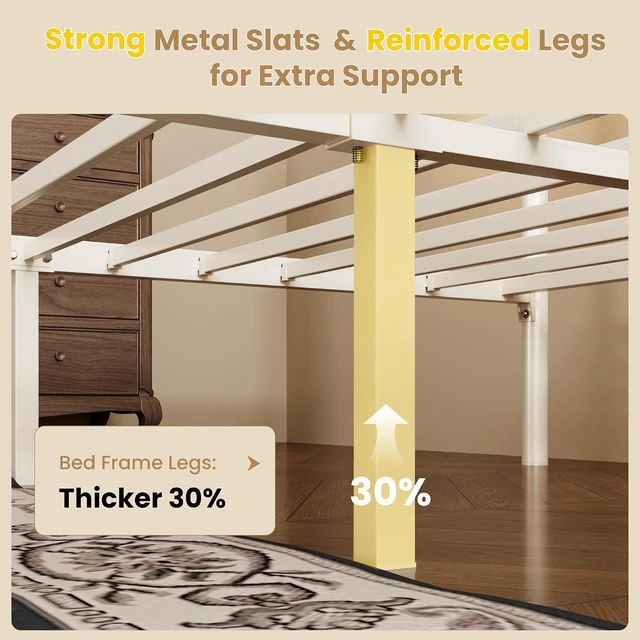 Alt view image 6 of 7 - Queen Size Vintage Victorian Metal Platform Bed Frame, Curved Iron Art Headboard & Footboard, Under Bed Storage, No Box Spring Needed, Easy Assembly, Cream White
