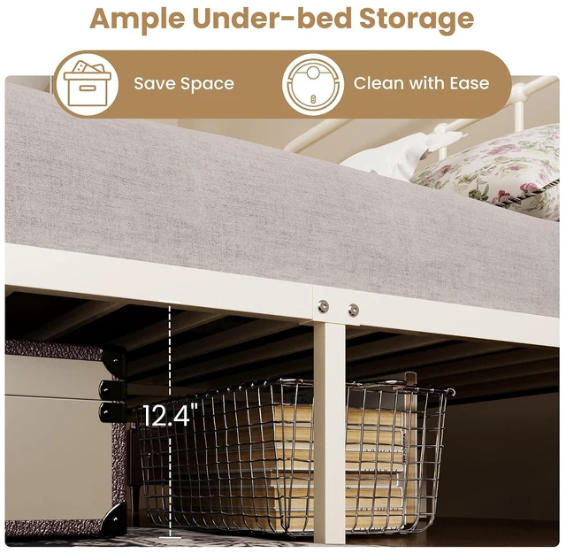 Alt view image 7 of 7 - Queen Size Vintage Victorian Metal Platform Bed Frame, Curved Iron Art Headboard & Footboard, Under Bed Storage, No Box Spring Needed, Easy Assembly, Cream White