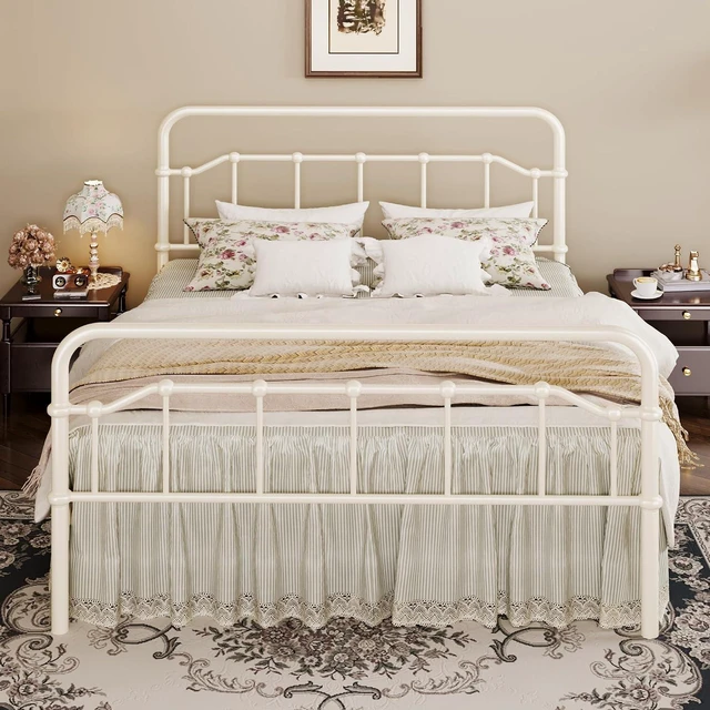 Main image of Queen Size Vintage Victorian Metal Platform Bed Frame, Curved Iron Art Headboard & Footboard, Under Bed Storage, No Box Spring Needed, Easy Assembly, Cream White
